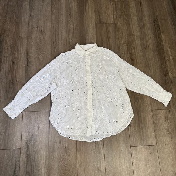 Madewell Embroidered Oversized Button-Up Shirt Womens L White Eyelet Long Sleeve - Picture 4 of 8